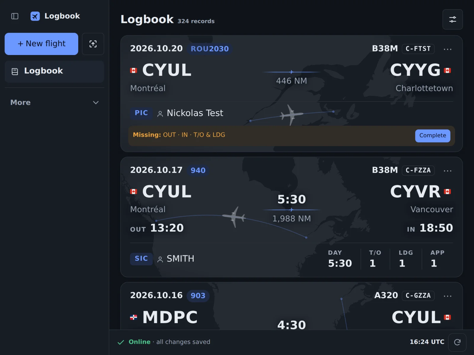 The logbook on an iPad: each flight on a card with its route on a map