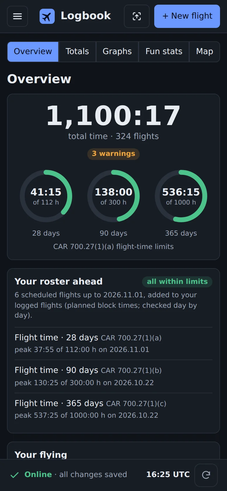 The overview on a phone: total time and flight-time limits