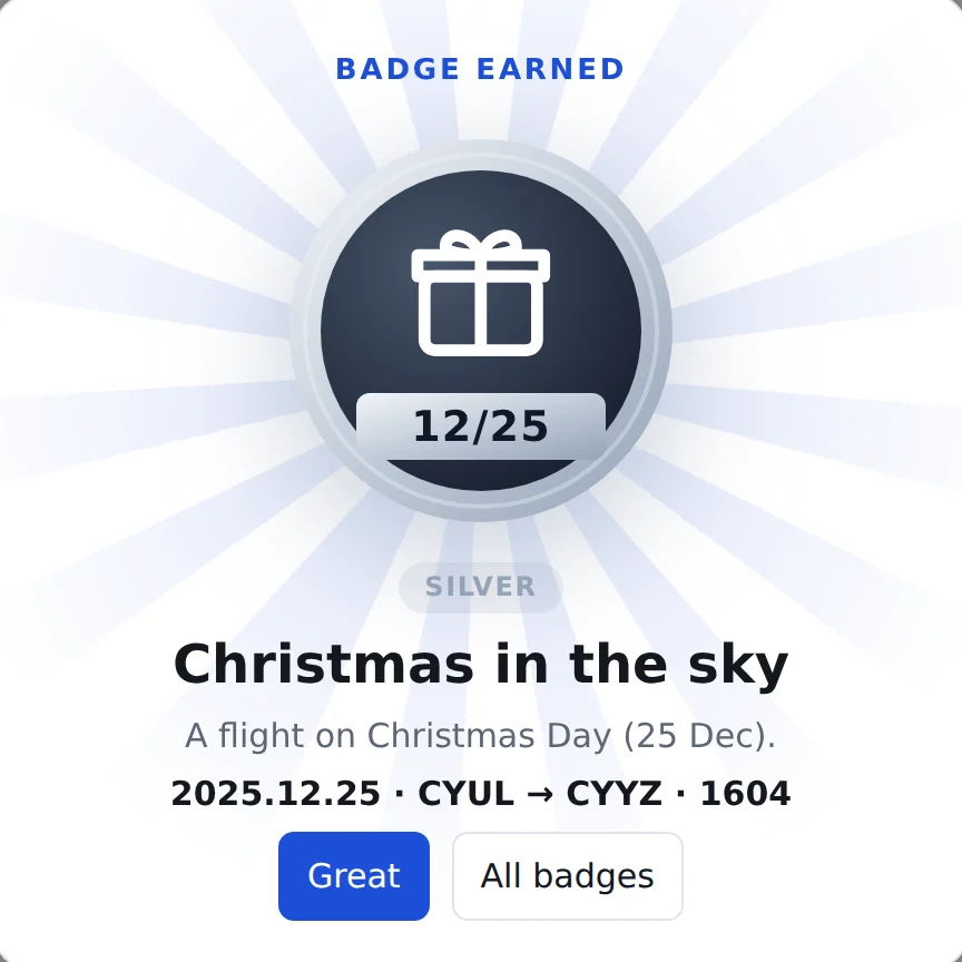 A new badge celebrated: Christmas in the sky, earned on 25 December