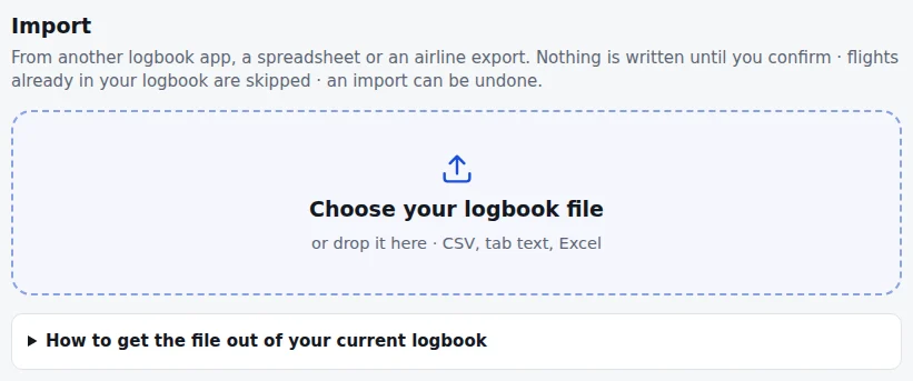 Import: choose your logbook file, CSV, tab text or Excel