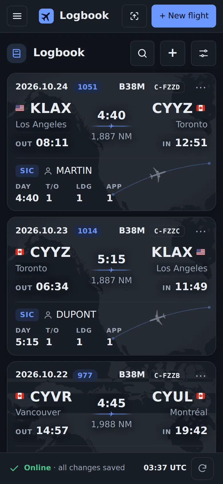 Every flight on a card: Your route on a map, crew, times and remarks at a glance.