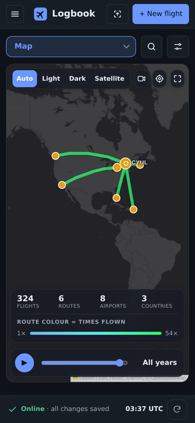 All your flights on one map: Filter by airport, aircraft, company or who you flew with; replay your career year by year.