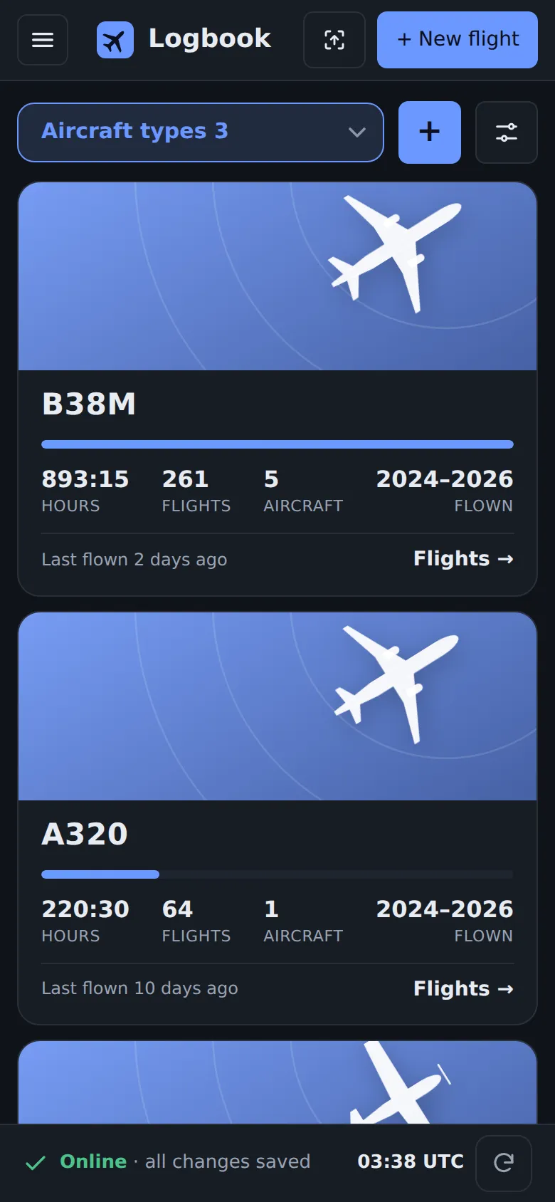 Your aircraft: Every type you flew, with its hours, flights and years.