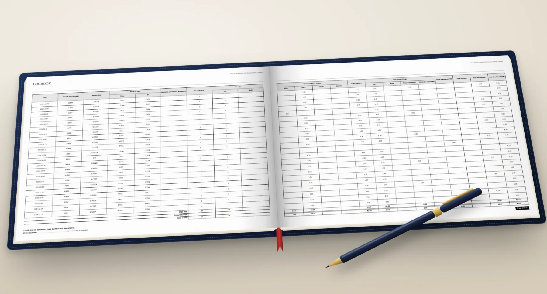 An open pilot logbook printed in the FAA layout: flights on the left page, times and totals on the right